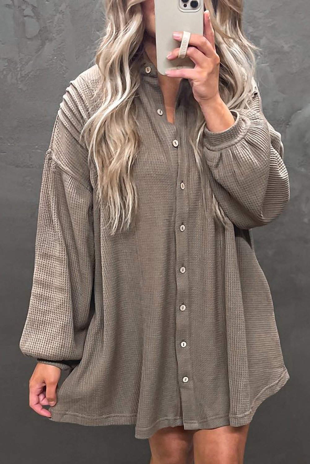 Simply Taupe Waffle Knit Shirt Tunic Dress - loveforevers