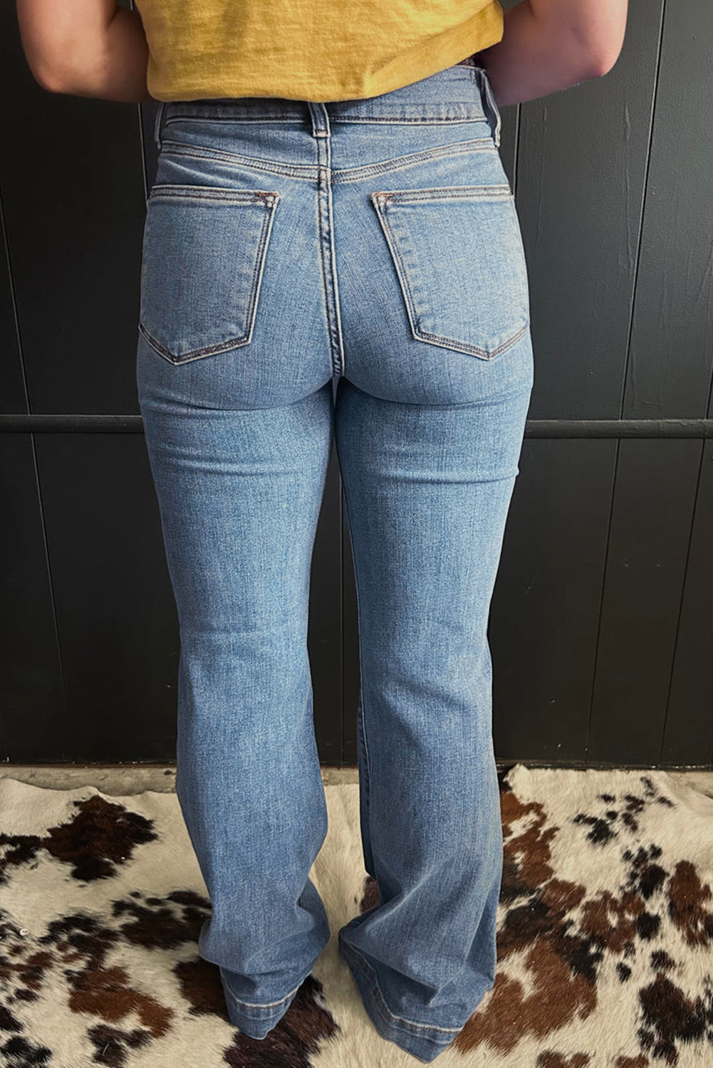 Dusk Blue 2 Button High Waist Piping Trim Bootcut Jeans - loveforevers