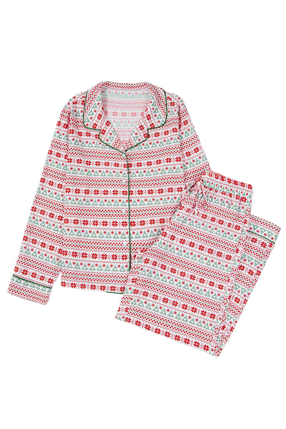 White Christmas Pattern Print Shirt Style Long 2pcs Pajama Set - loveforevers
