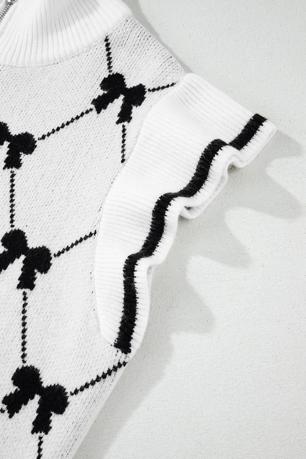 Black Preppy Vibes Bow Print Zipped Collar Sweater Tee - loveforevers
