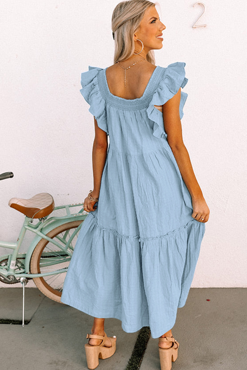Sky Blue Ruffled Flutter Sleeve Square Neck Textured Tiered Maxi Dress - loveforevers