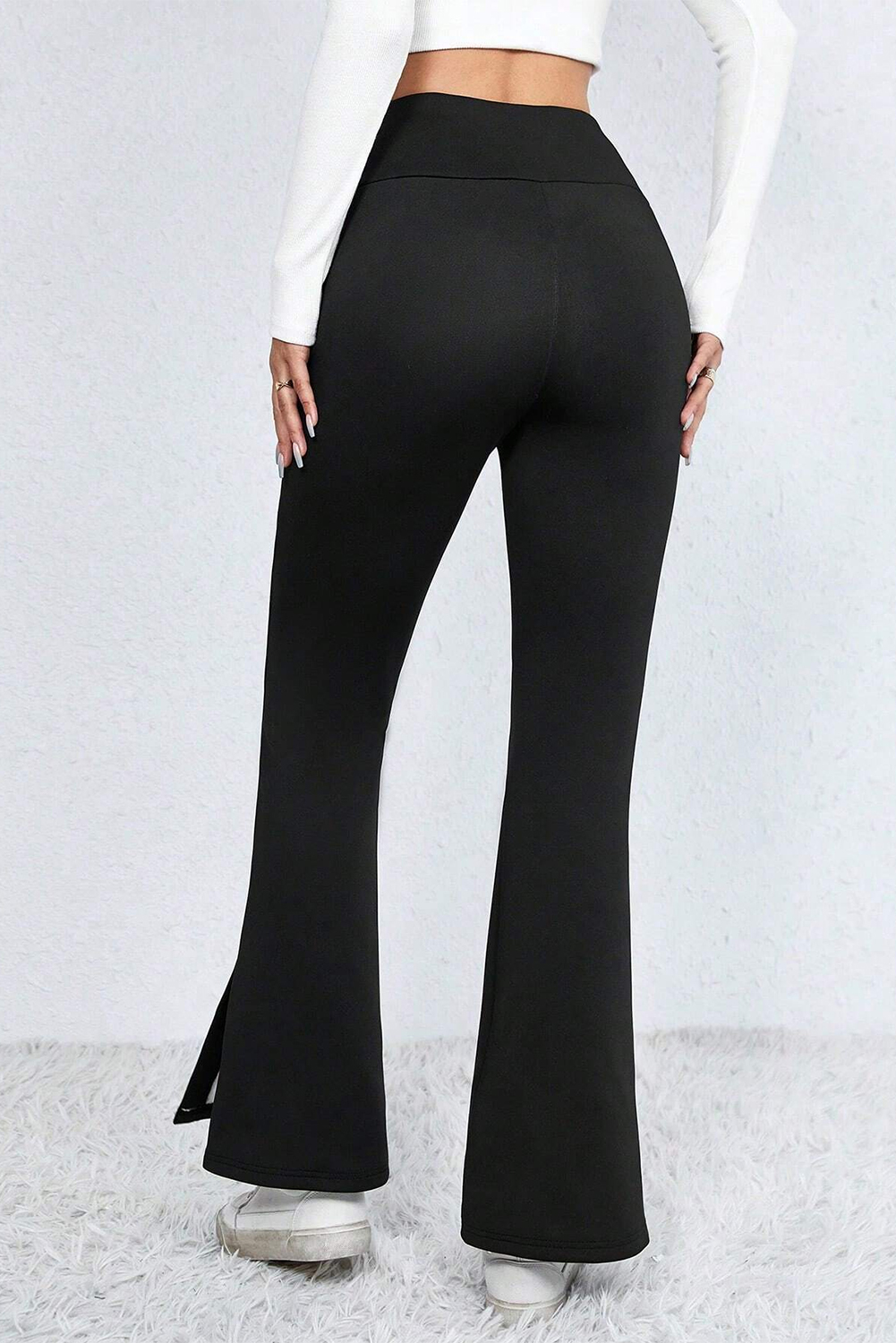 Black Thermal Lined Split Flare Leg Pants - loveforevers