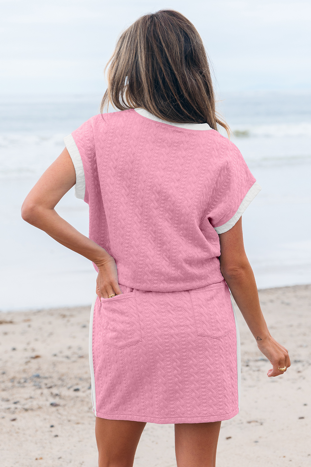 Beau Blue Contrast Trim Textured Crewneck Tee and Pocketed Skirt Set - loveforevers