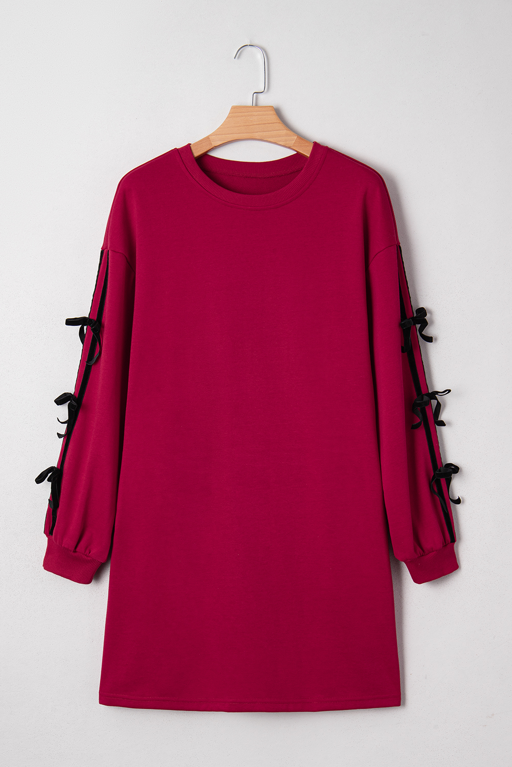 Racing Red Contrast Striped Bow Detail Drop Shoulder Sweatshirt Dress with Pockets - loveforevers