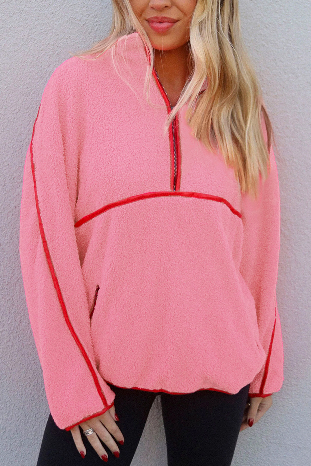 Strawberry Pink Sherpa Contrast Faux Leather Trim Half Zip Pocketed Pullover Sweatshirt - loveforevers