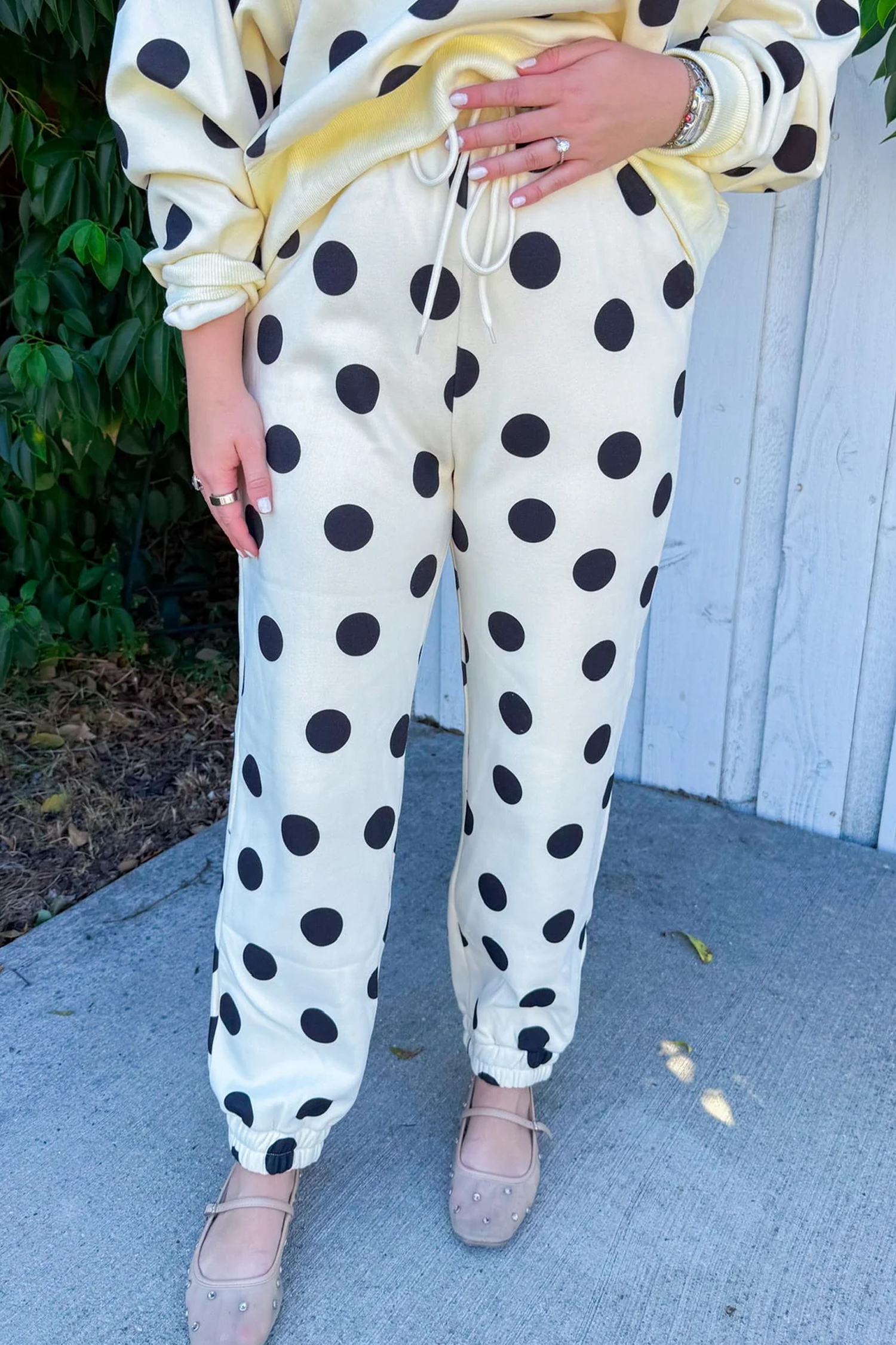 Beige Polka Dot Print Drop Shoulder Pullover Drawstring Jogger Pant Set - loveforevers