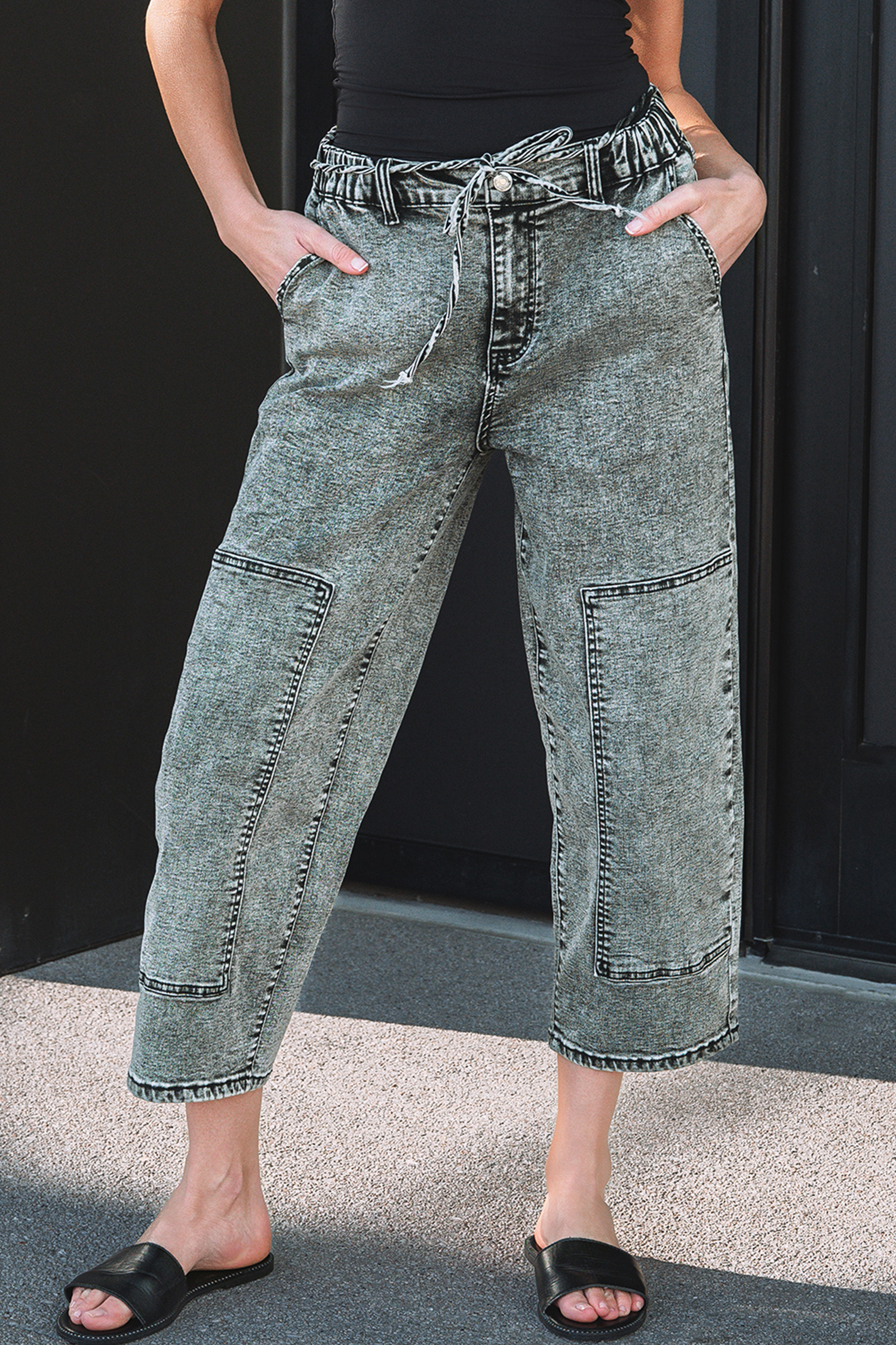 Smoke Gray Acid Wash Barrel Fit Denim Pants with Waist String - loveforevers