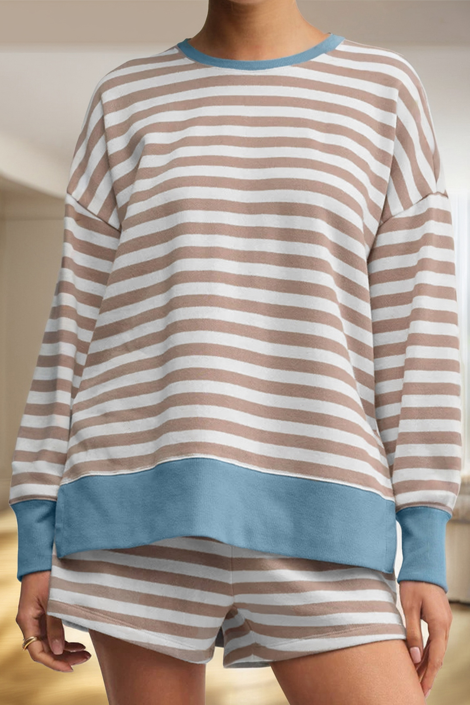 Khaki Stripe Color Block Patchwork Oversized Pullover 2pcs Shorts Set - loveforevers