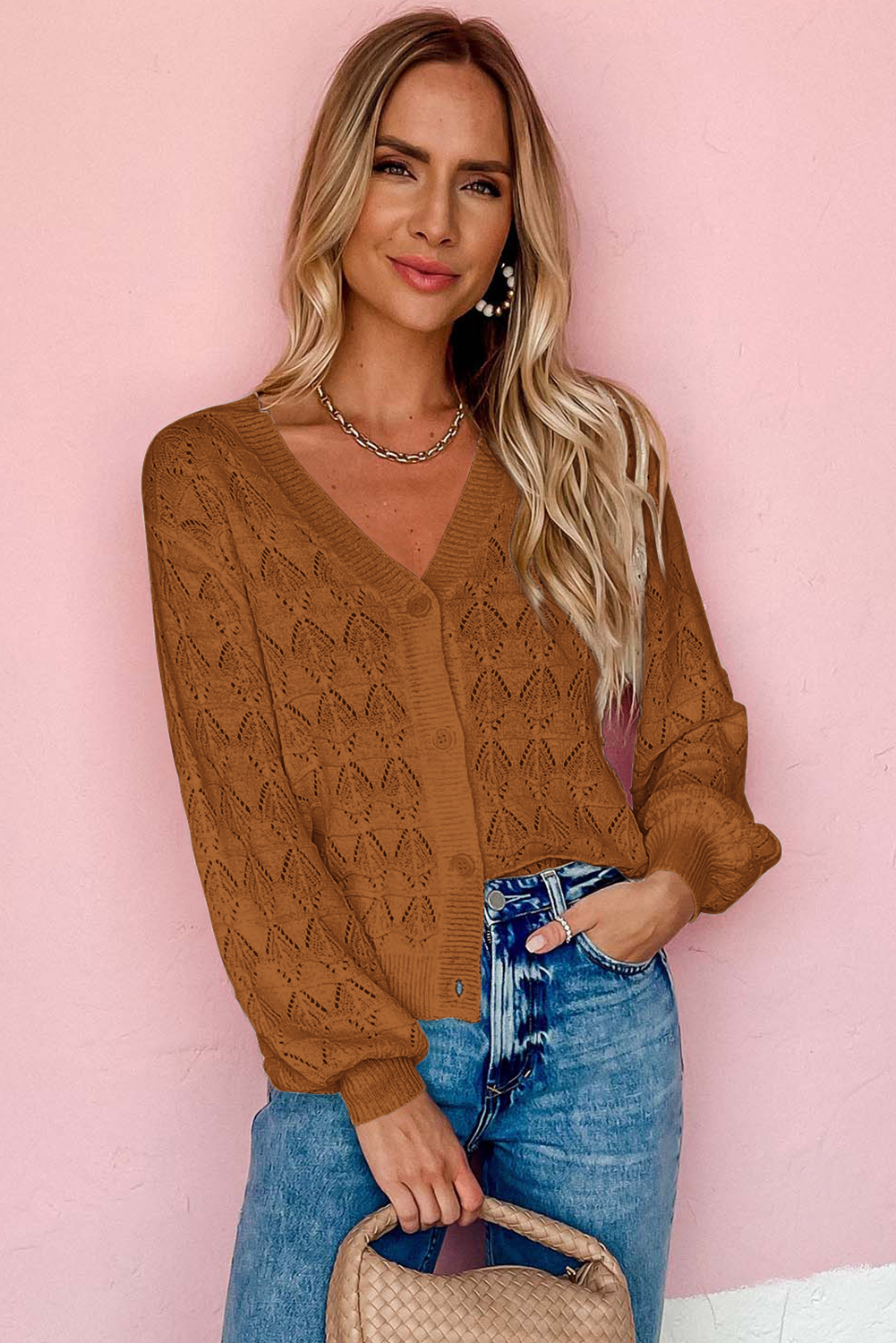 Fiery Red Lightweight Buttoned Front Crochet Cardigan - loveforevers