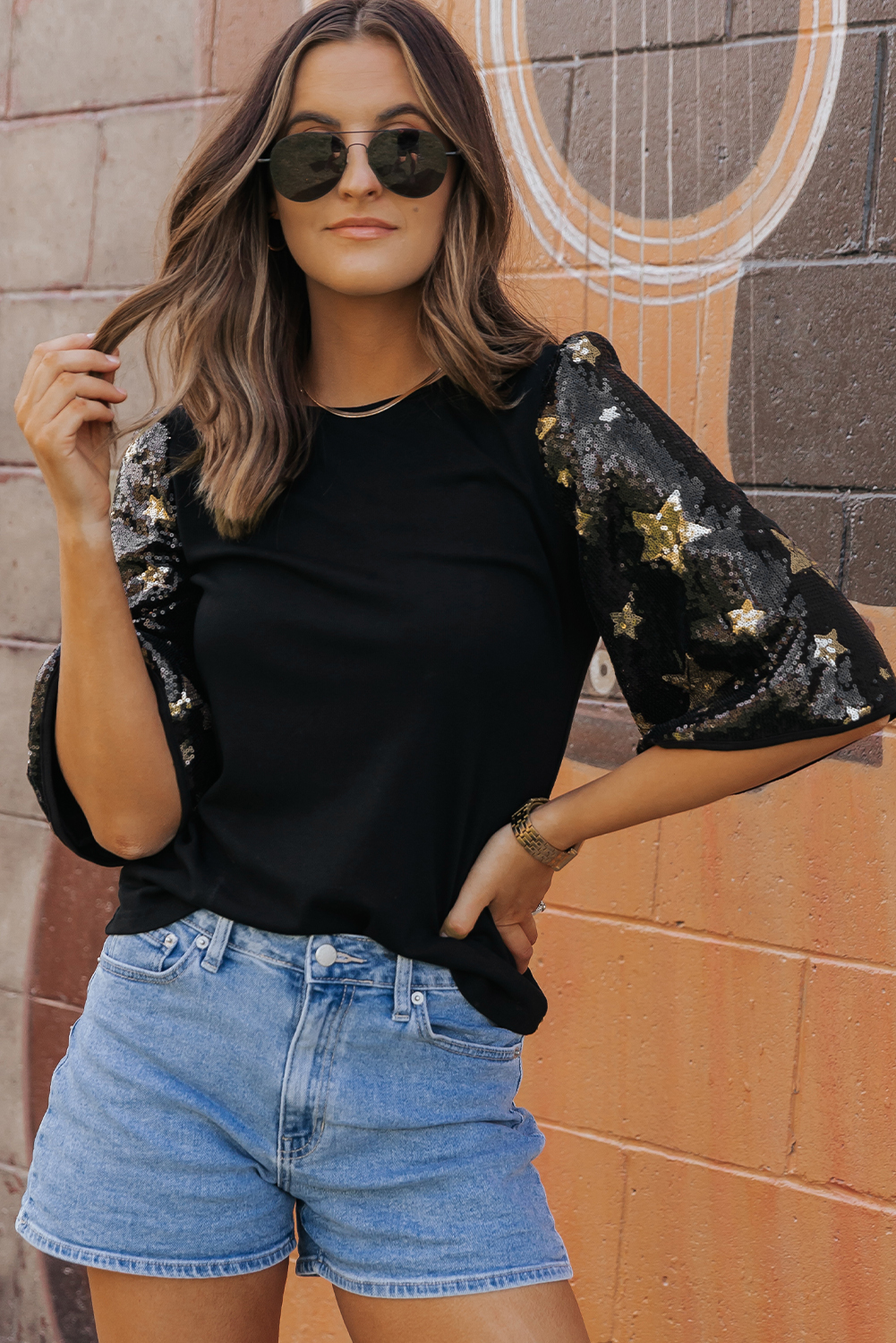 Black Star Sequin Splicing Half Sleeve Top - loveforevers