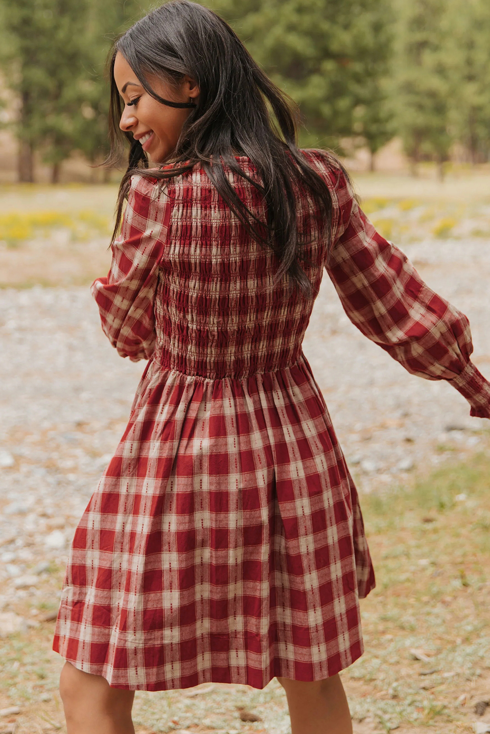 Red Plaid Print Smocked Puff Sleeve Mini Dress - loveforevers