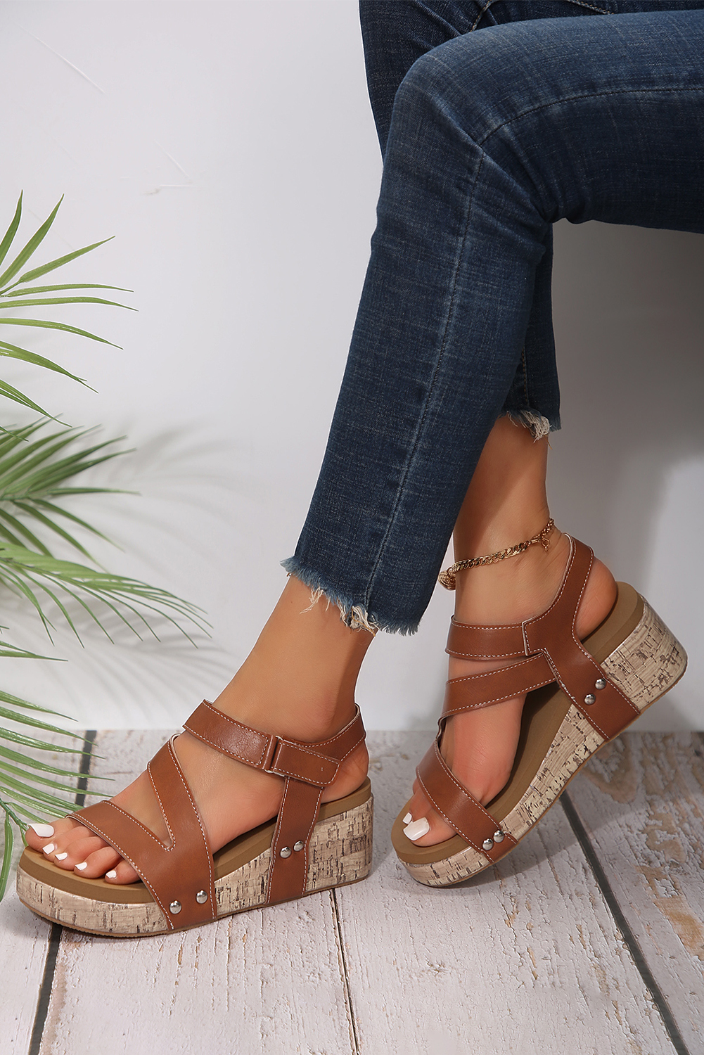 Light Blue Hollow Out Velcro Leather Wedge Sandals - loveforevers