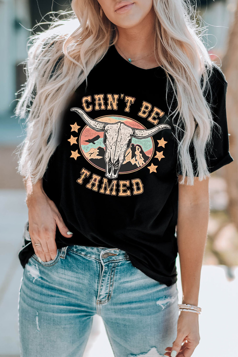 White Bull Skull American Flag Graphic Tee - loveforevers