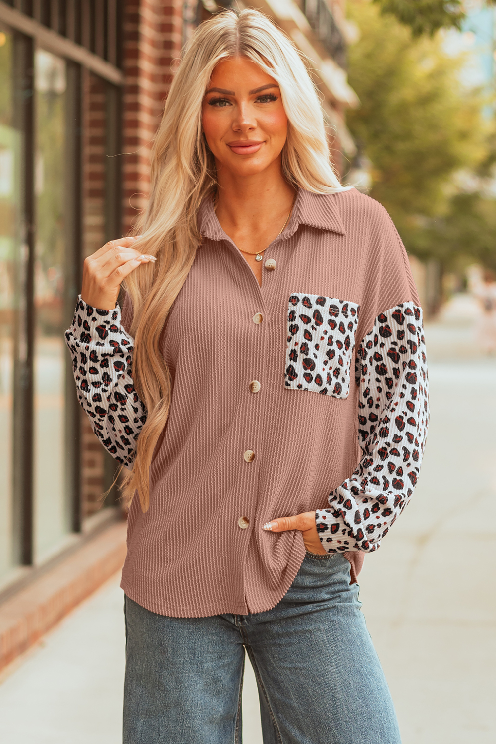 Dark Khaki Leopard Patched Twisted Ribbed Western Casual Shacket - loveforevers