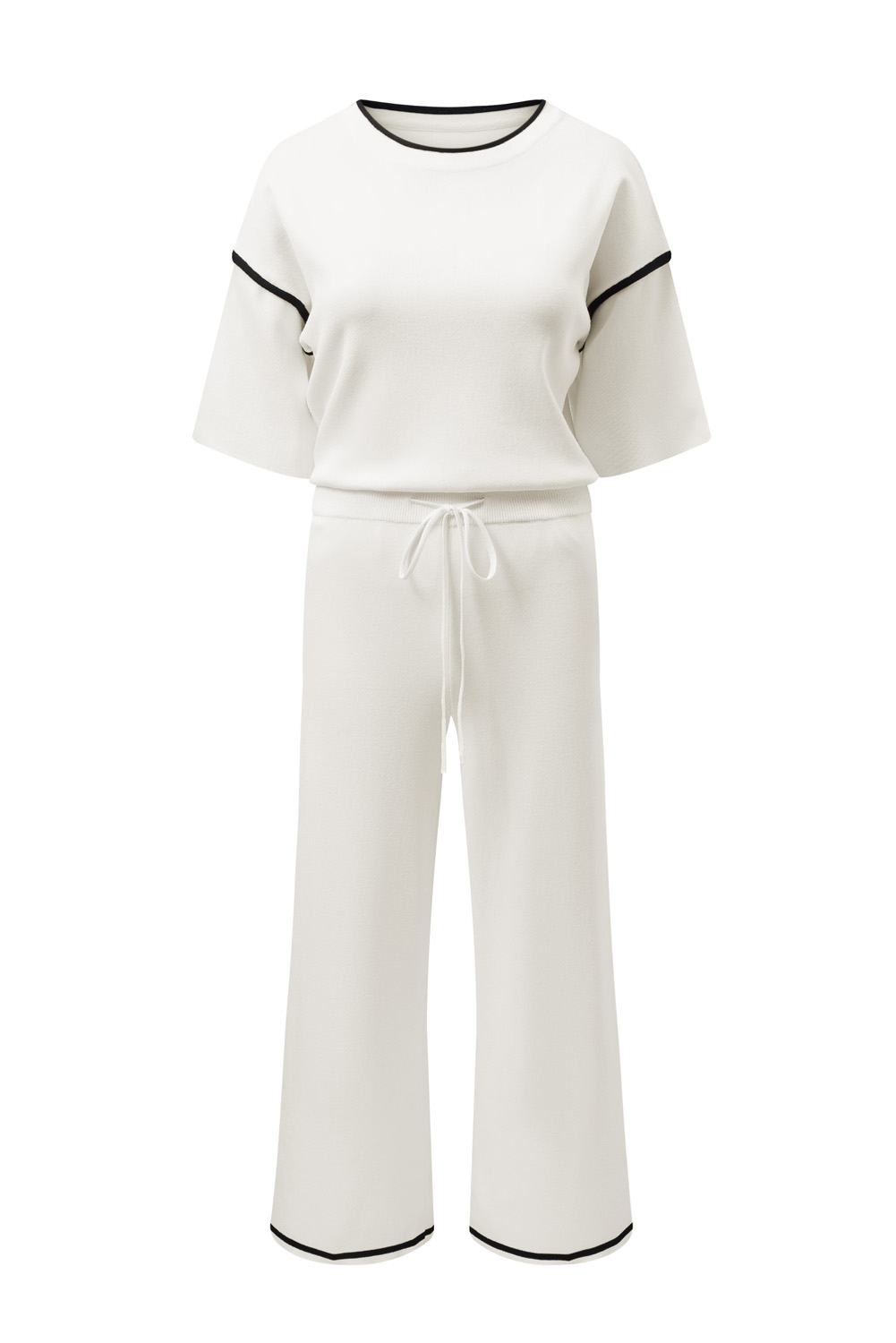 Blackish Green Contrast Trim Half Sleeve Top Drawstring Pants Loose 2pcs Sweater Suit - loveforevers