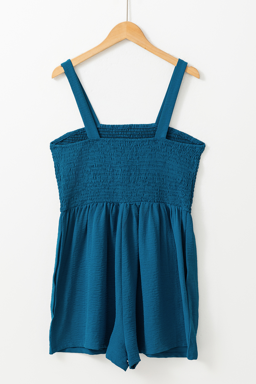 Blue Casual Pocketed Smocked Sleeveless Romper - loveforevers