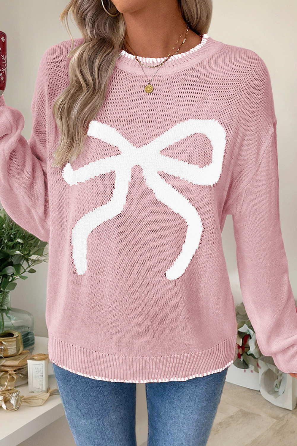 White Bow Pattern Contrast Trim Christmas Loose Graphic Sweater - loveforevers