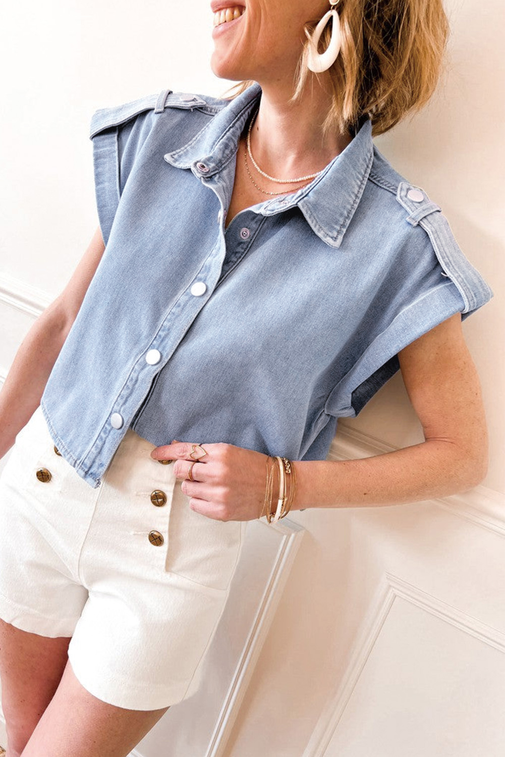 Dusk Blue Denim Pinup Folded Cap Sleeve Shirt - loveforevers