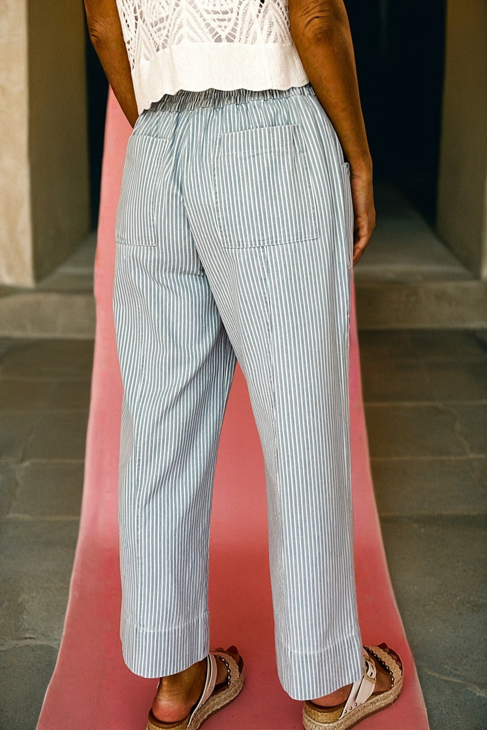 Sky Blue Stripe Mid Rise Drawstring Waist Jeans - loveforevers