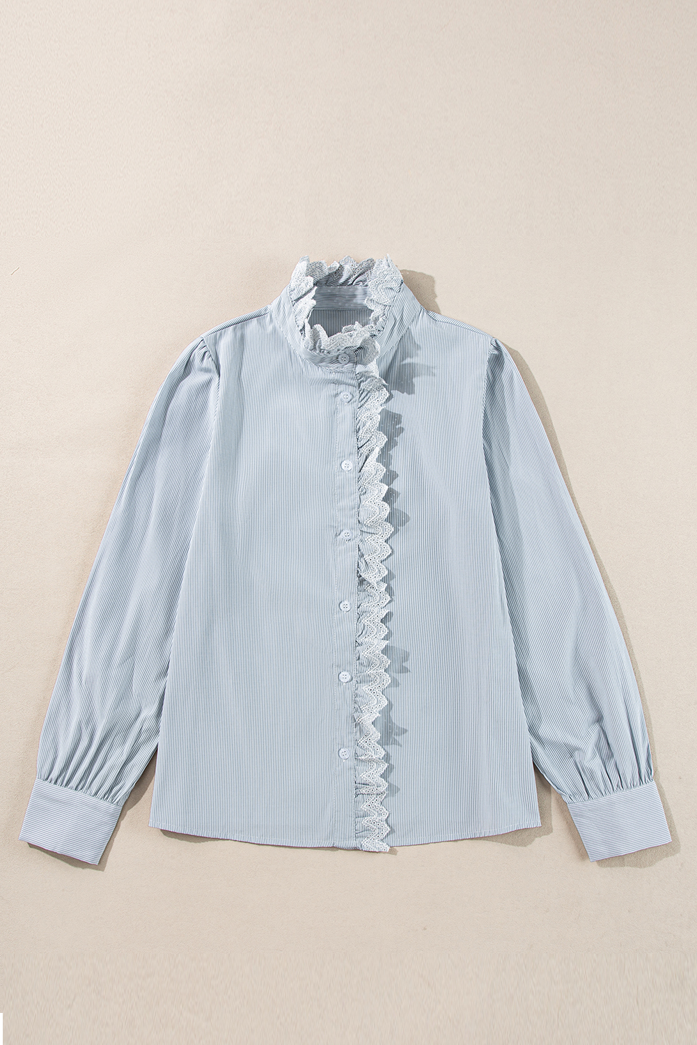 Sky Blue Stripe Frilled Trim Button Up Long Sleeve Shirt - loveforevers