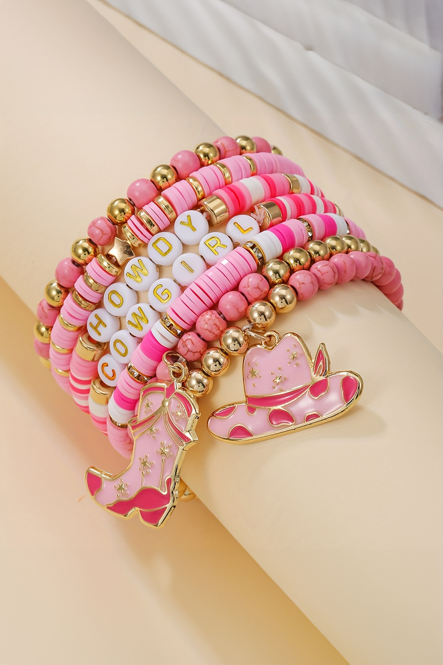 Pink 7pcs HOWDY COWGIRL Hat Boot Beaded Stretch Bracelet Set - loveforevers