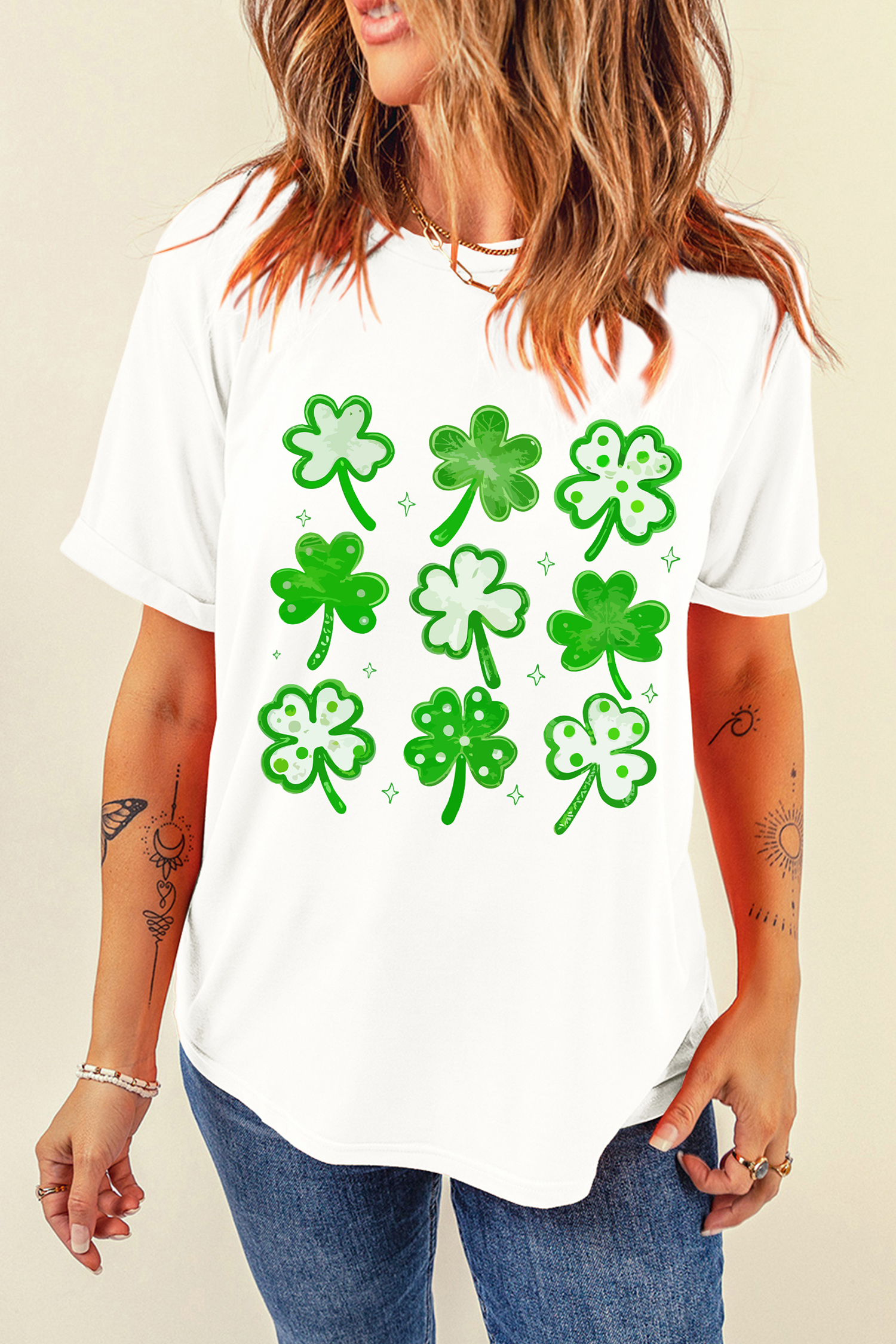 White Diverse Clover Print St Patricks Day T Shirt - loveforevers