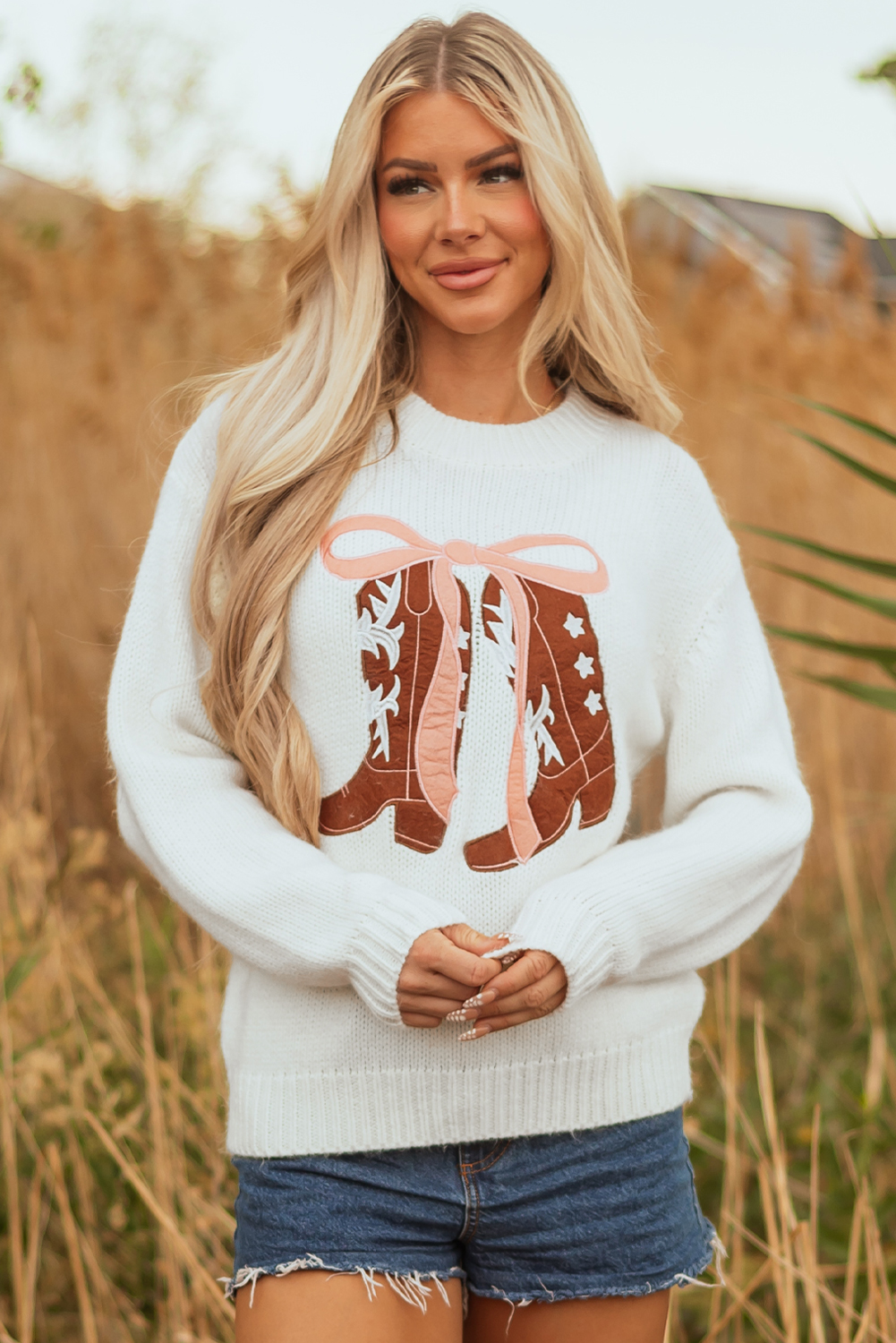White Embroidered Bow Boots Graphic Drop Shoulder Sweater - loveforevers