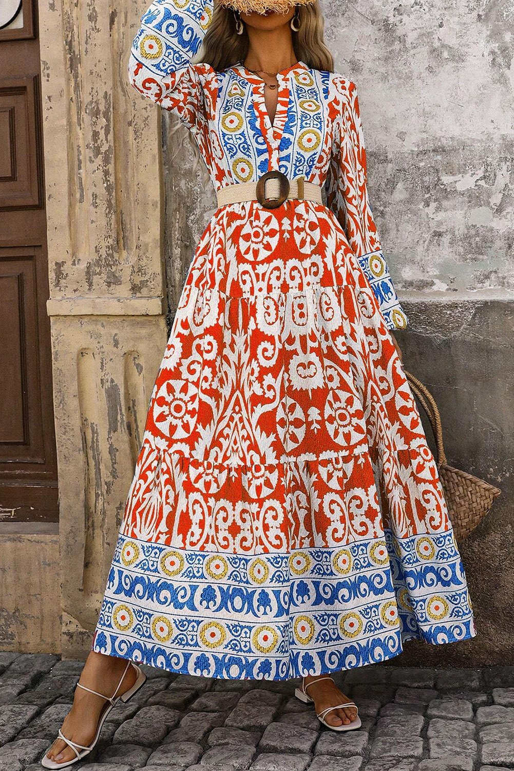 Orange Boho Geometric Printed Long Sleeve Maxi Dress - loveforevers