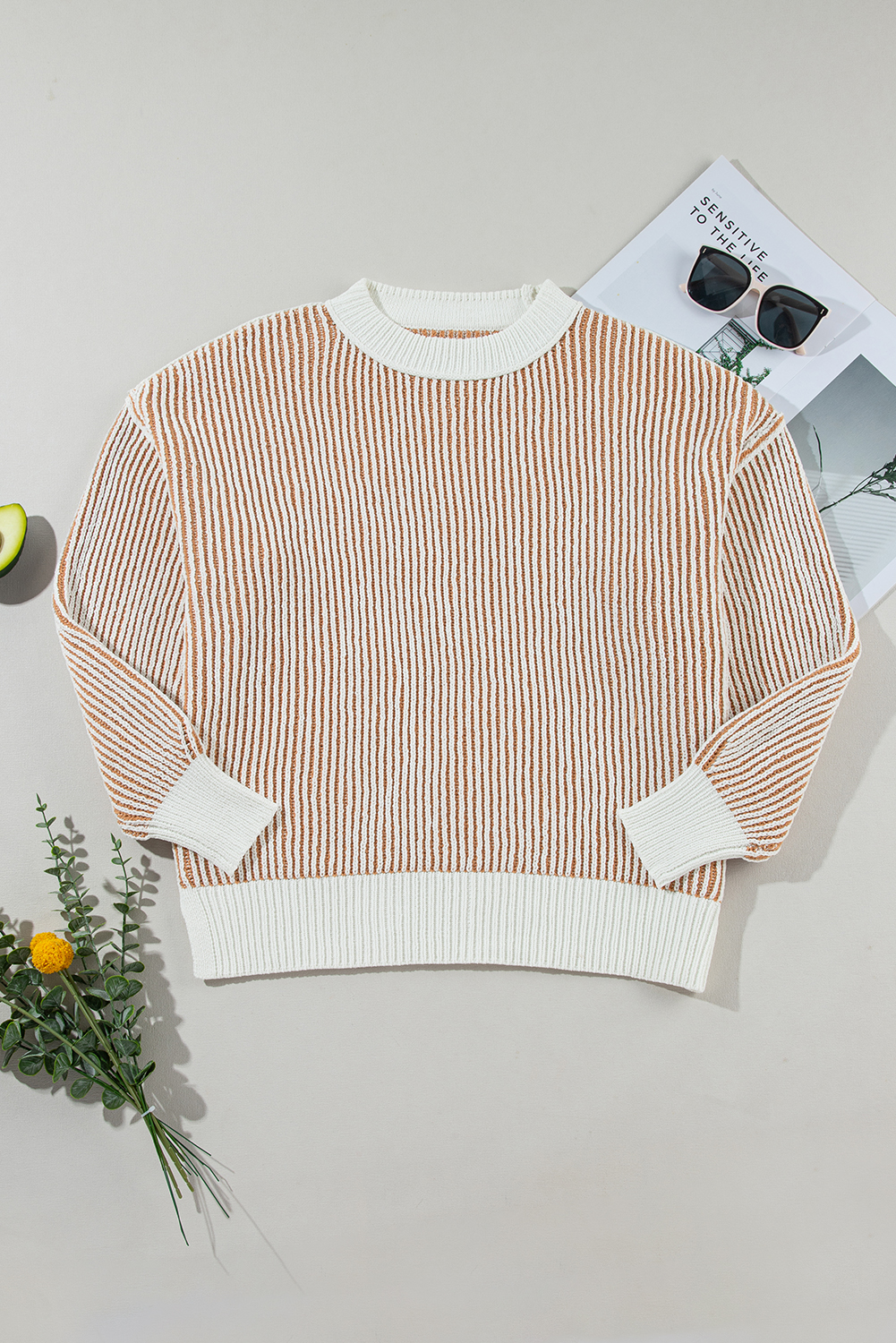 Bright Pink Striped Textured Knit Contrast Edge Loose Sweater - loveforevers