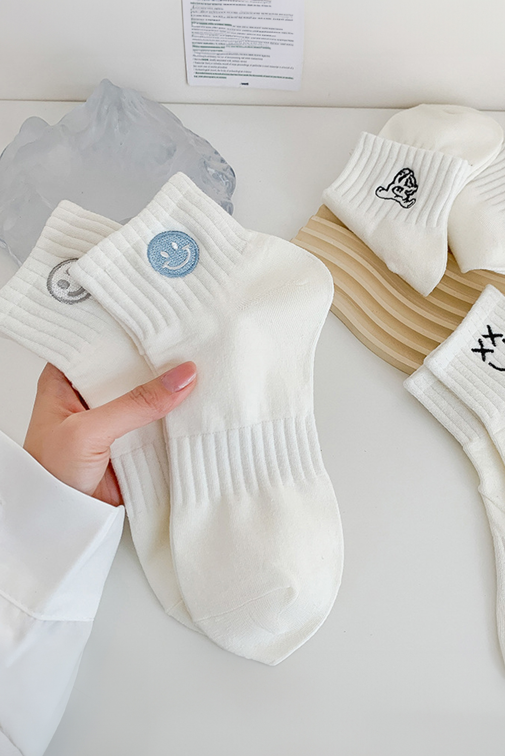 Light Blue Cute Smile Face Embroidered Cotton Socks - loveforevers