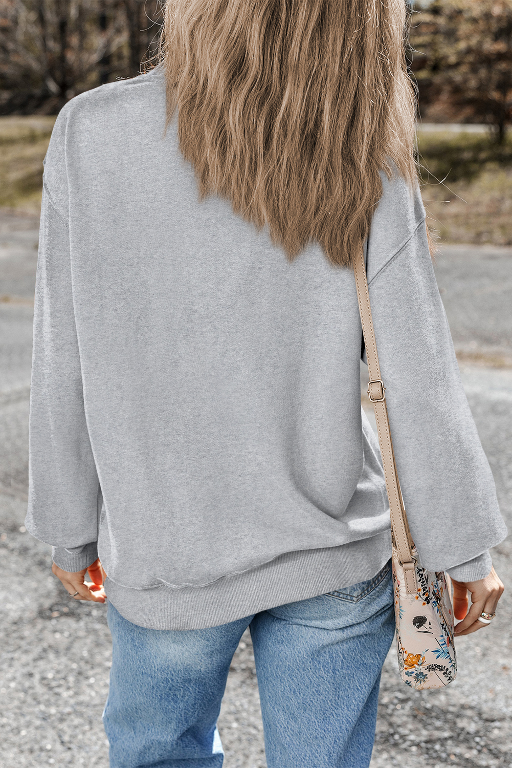 Navy Blue Plain Drop Shoulder Crewneck Pullover Sweatshirt - loveforevers