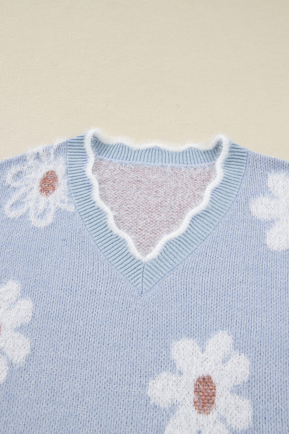 Gray Fuzzy Flower Scalloped V Neck Plus Sweater - loveforevers