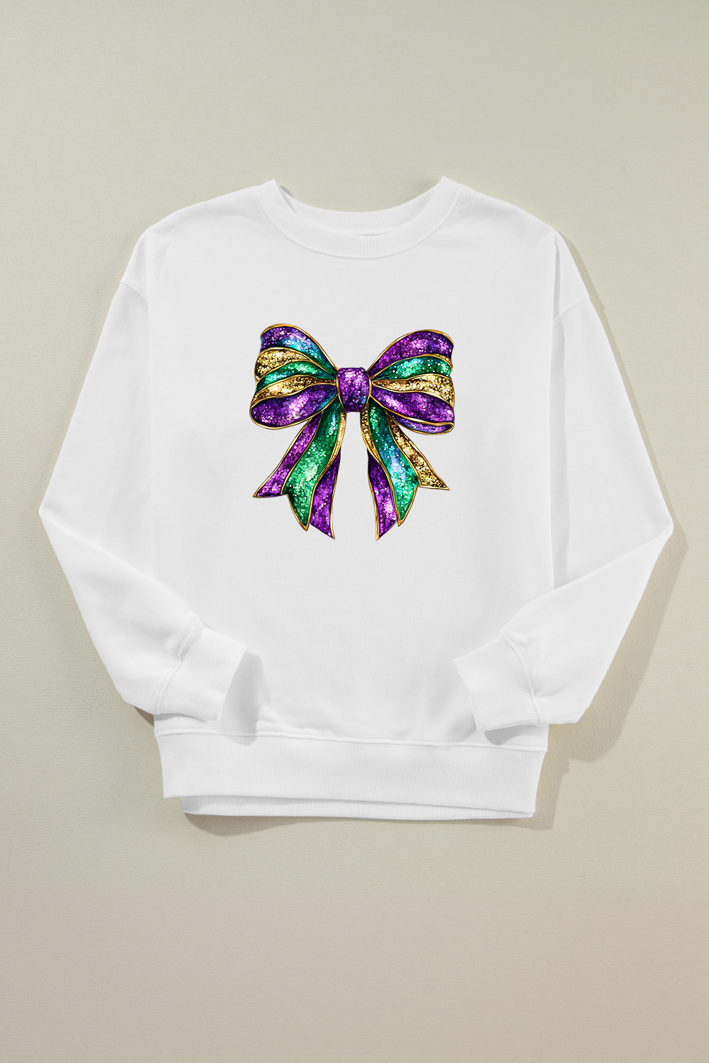 White Mardi Gras Bow Graphic Drop Shoulder Sweatshirt - loveforevers