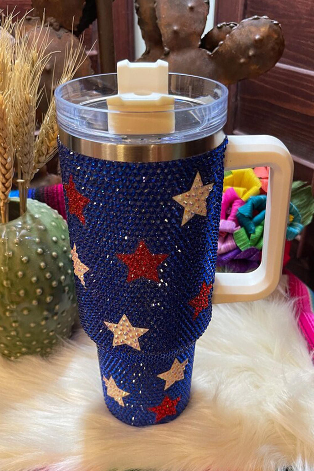 Dark Blue Star Shape Rhinestone Handle Large Vacuum Cup 40oz - loveforevers