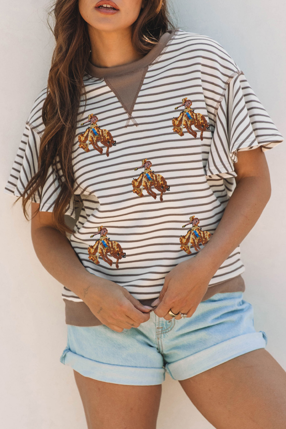 Parchment Sequin Rodeo Patch Pattern Striped Ruffled Sleeve Summer Top - loveforevers
