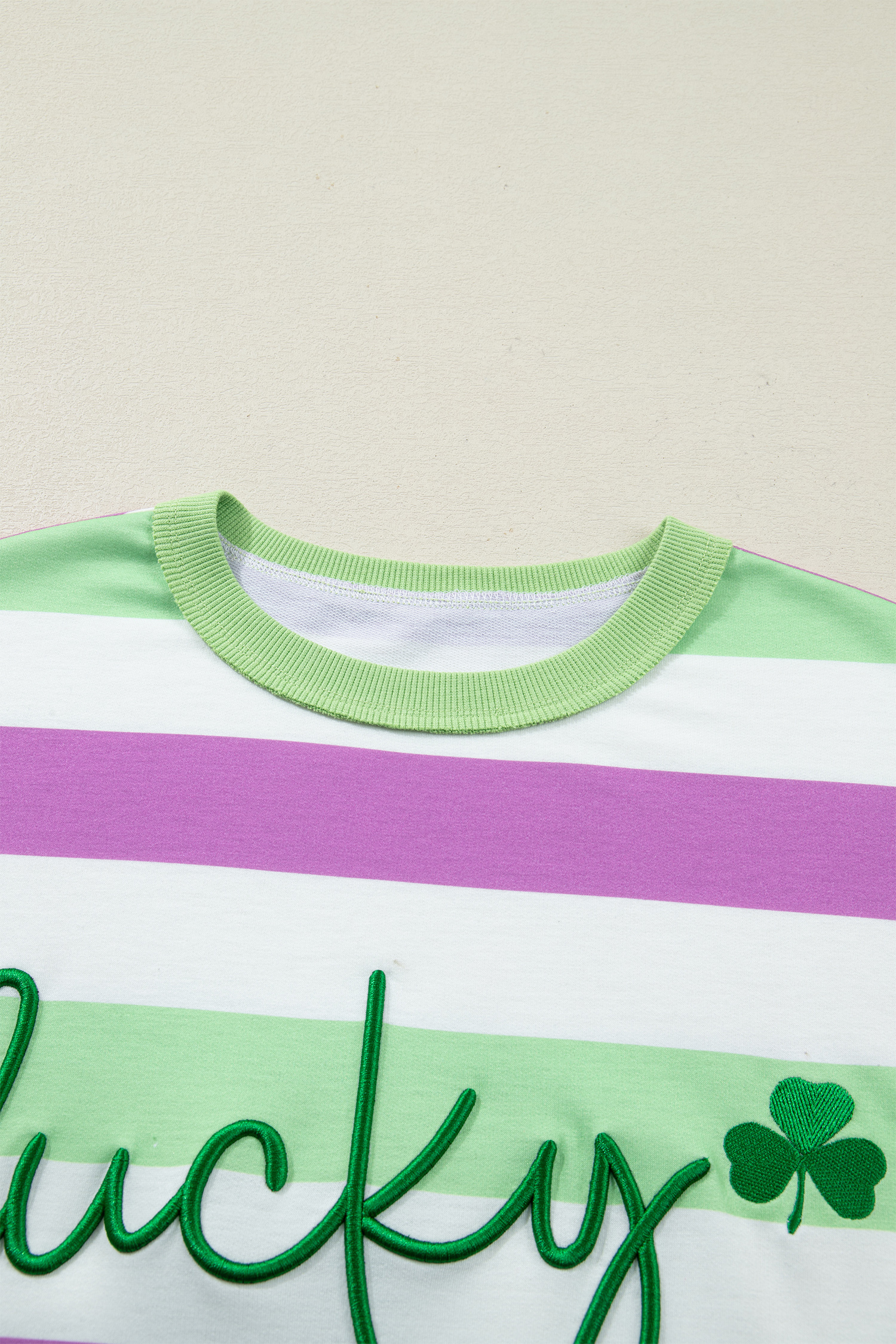 Green Stripe Lucky Clover Embroidered Graphic Dolman Loose Tee - loveforevers