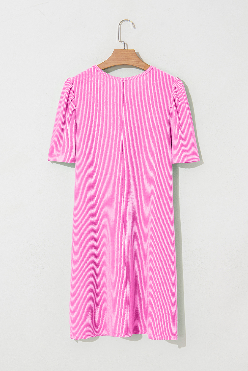 Bright Pink Flag Pattern Inspired Sequin Bow Spiral Ribbed Puff Sleeve T Shirt Dress - loveforevers
