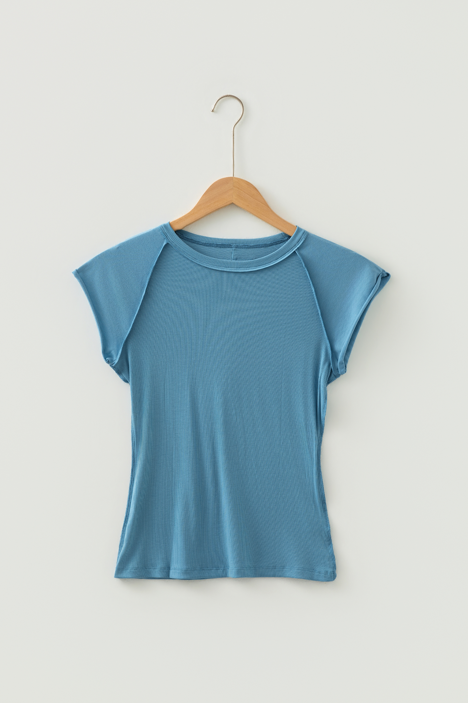 Peacock Blue Crew Neck Cap Sleeve Ribbed T Shirt - loveforevers