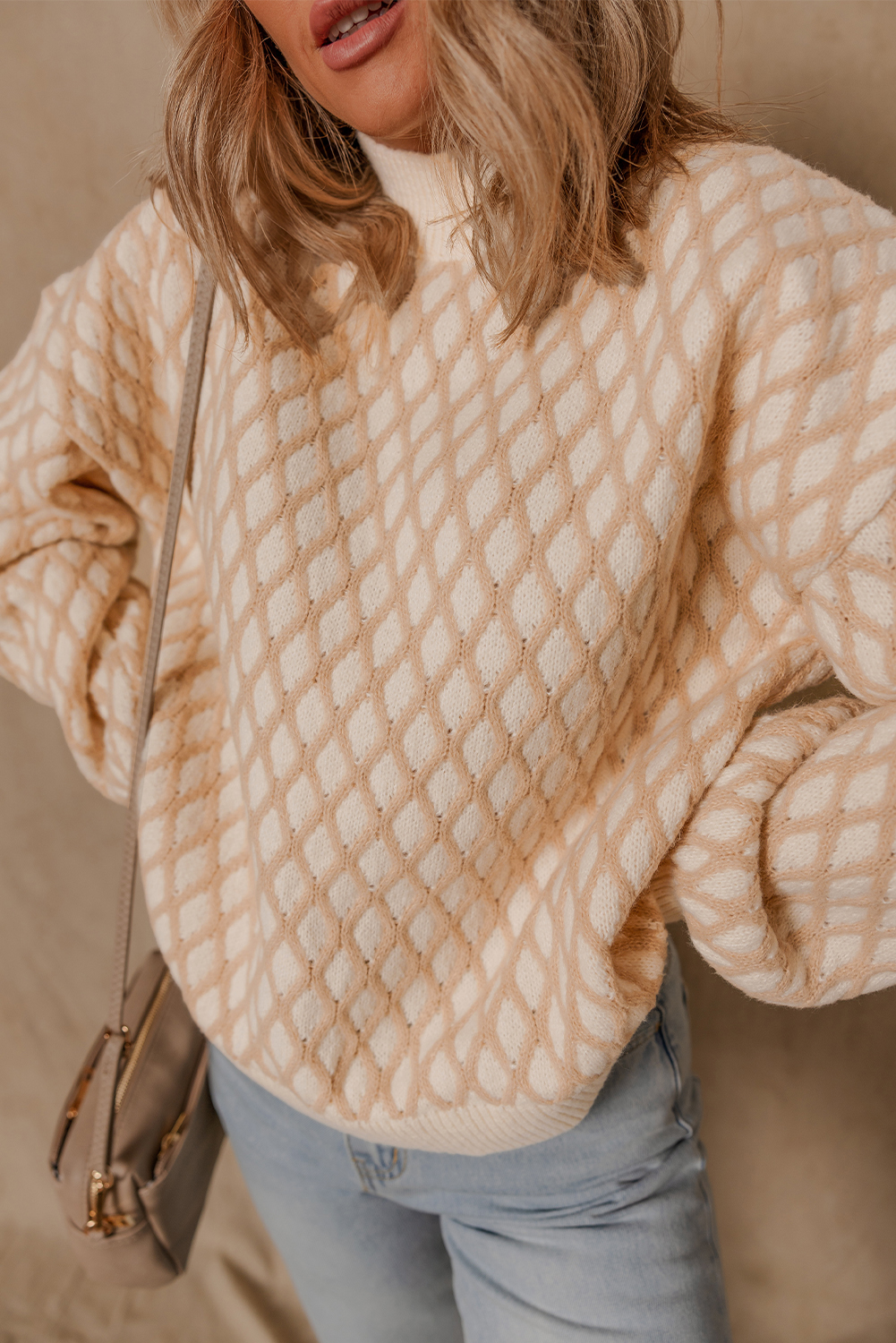 Smoke Gray Rhombus Textured Knit Mock Neck Sweater - loveforevers