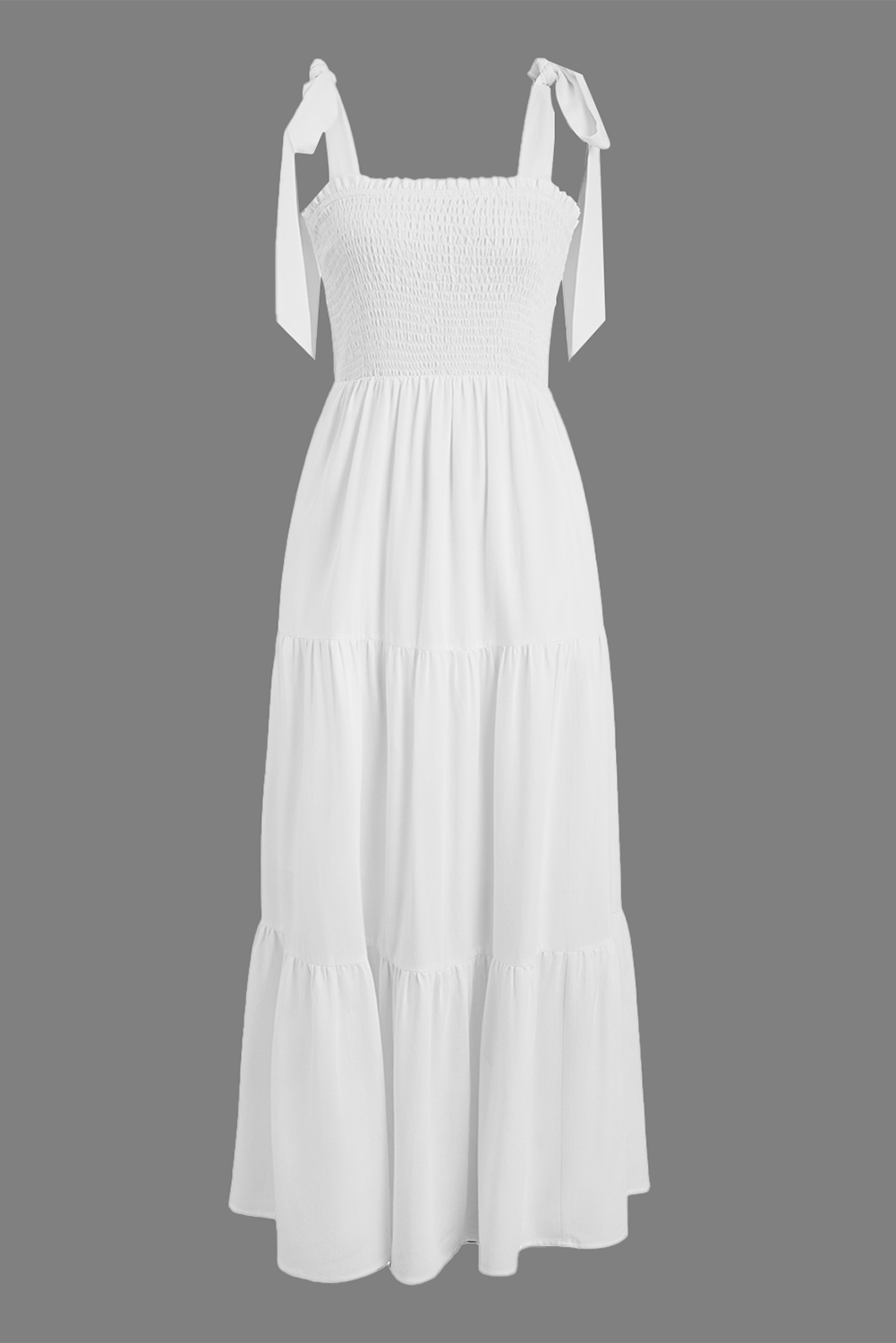 White Customizable Knot Straps Smocked Bodice Tiered Blank Maxi Dress - loveforevers