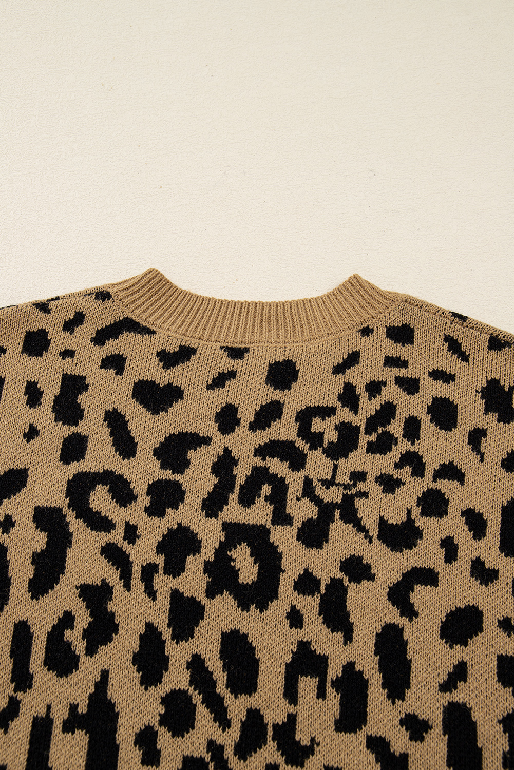 Light French Beige Ribbed Trim Round Neck Leopard Drop Shoulder Sweater - loveforevers