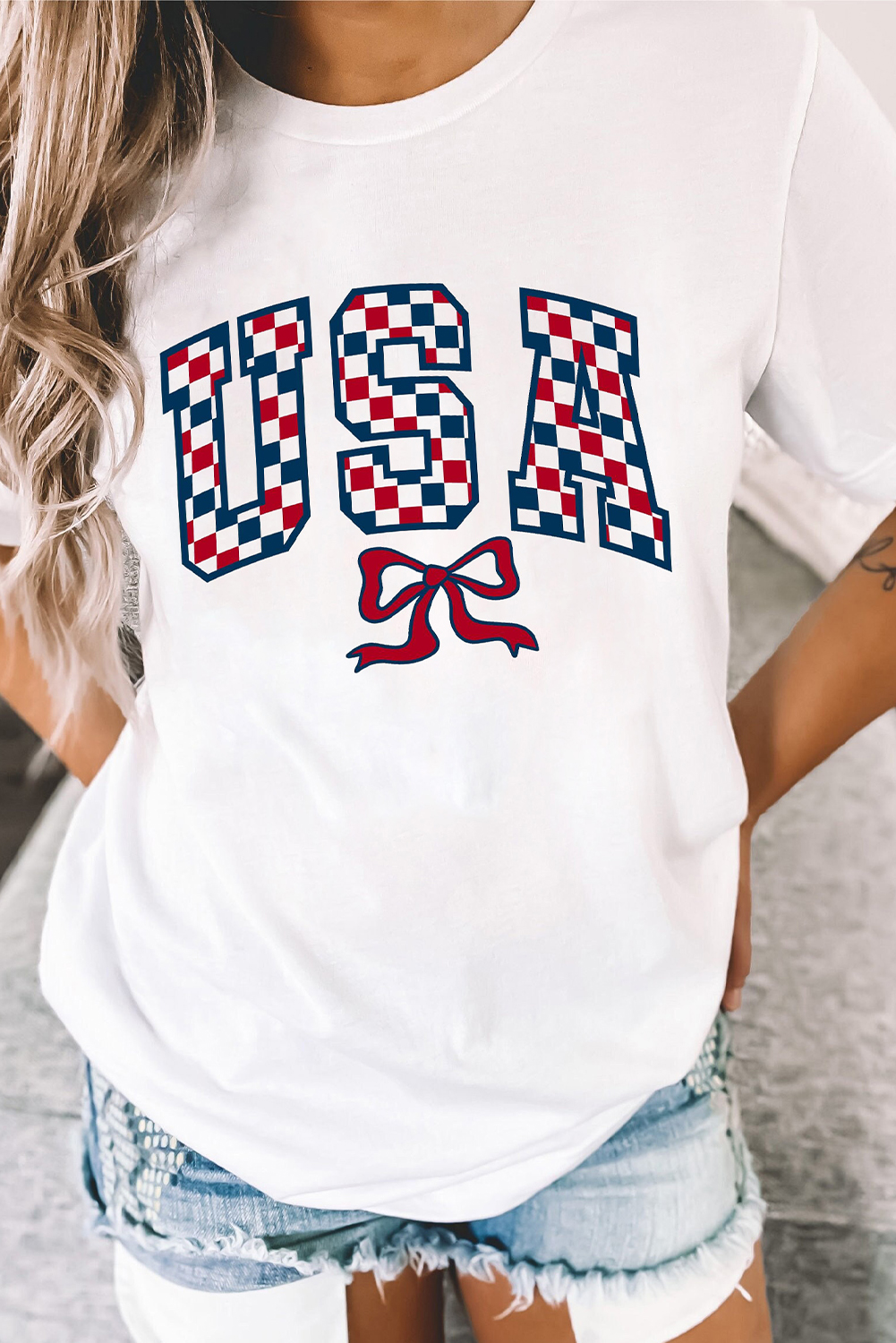 White Checkered USA Graphic Casual Tee - loveforevers