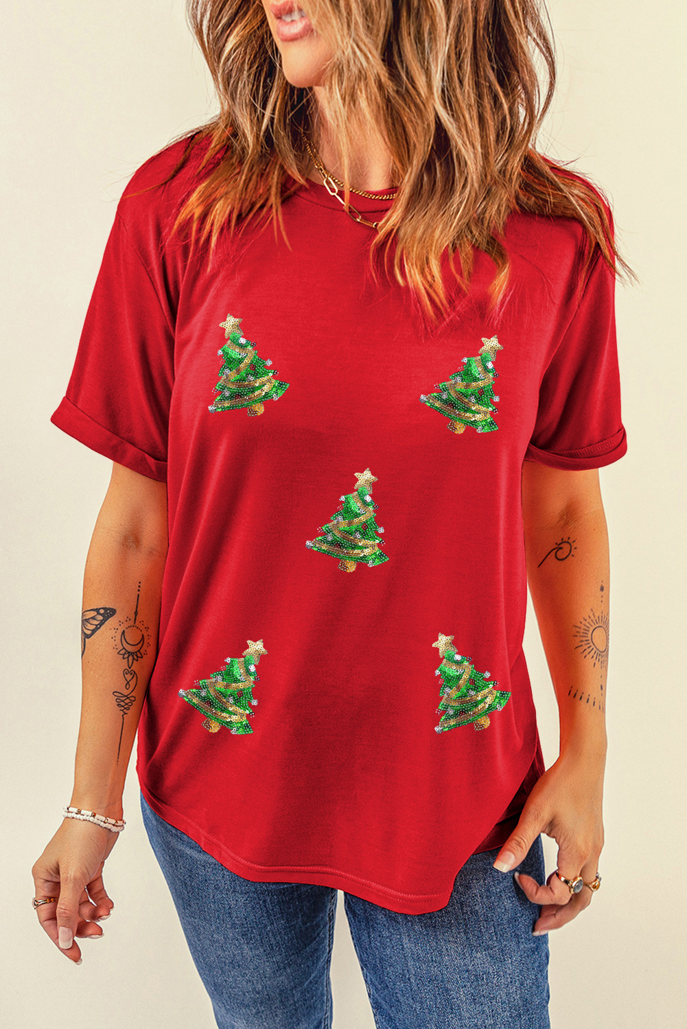 Red Sequined Christmas Tree Graphic Crewneck T Shirt - loveforevers
