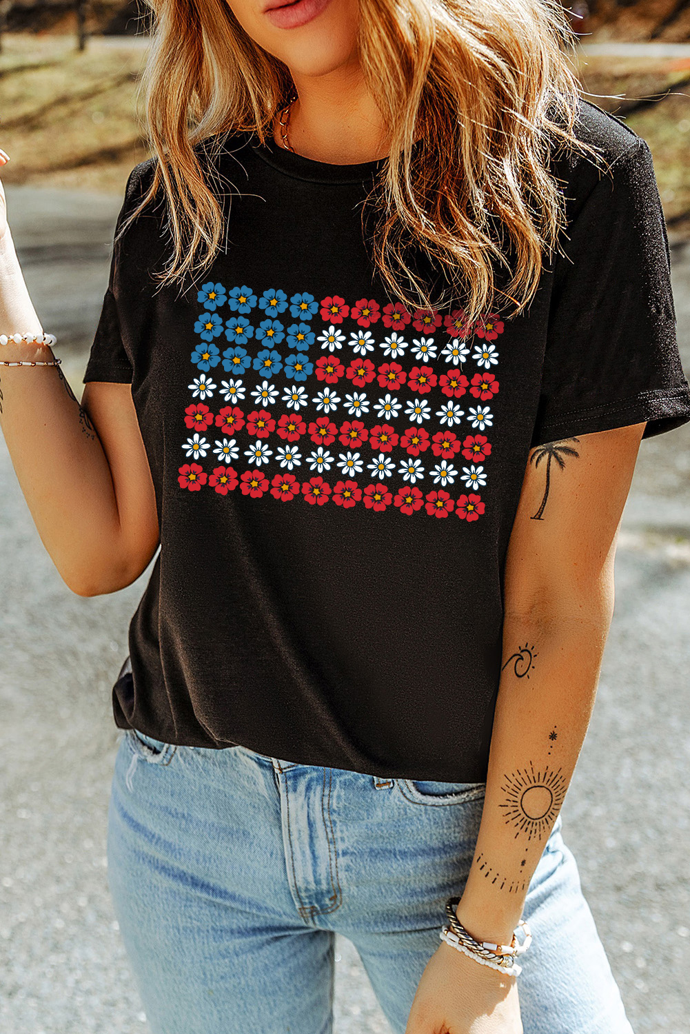 Black Cute Flowers Make Up American Flag Trendy Graphic T Shirt - loveforevers