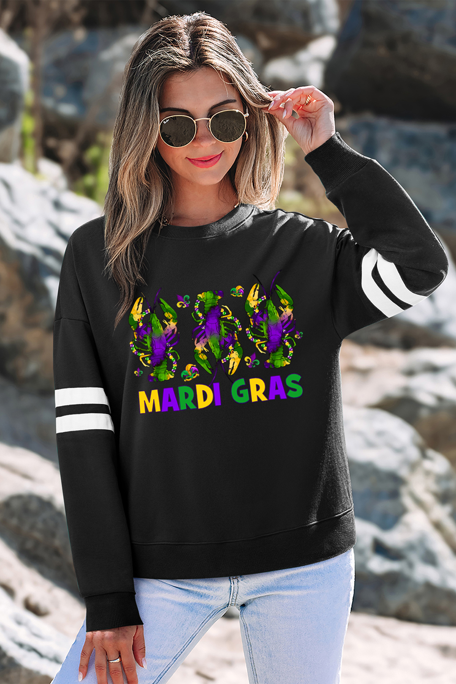 Black Sequin Mardi Crown Dropped Shoulder Varsity Sweatshirt - loveforevers
