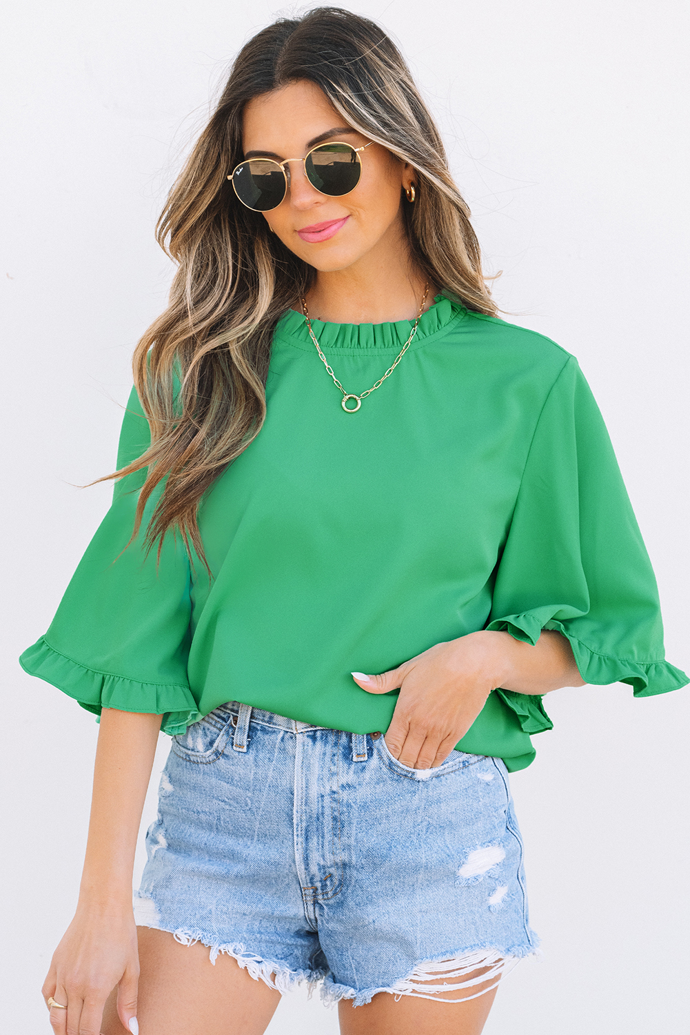 Green Frilly Round Neck Wide Half Sleeve Blouse - loveforevers