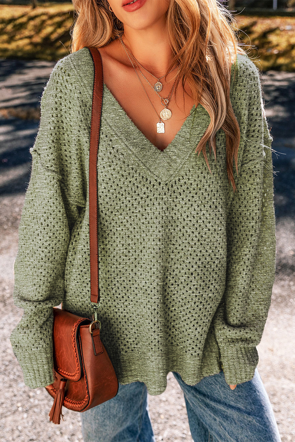 Parchment Loose Eyelet V Neck Drop Shoulder Sweater - loveforevers
