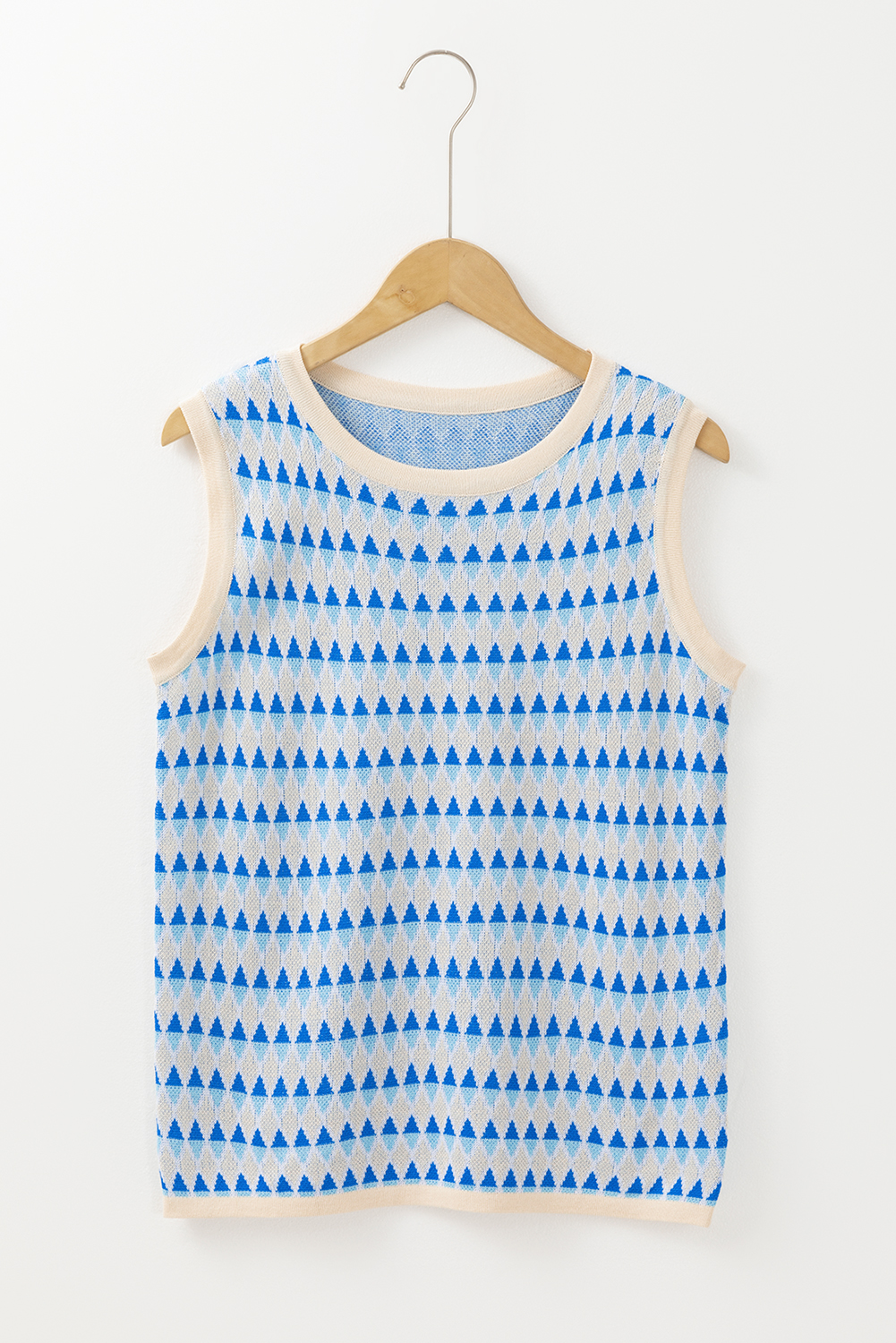 Sky Blue Stripe Geometric Print Round Neck Slim Fit Sweater Vest - loveforevers