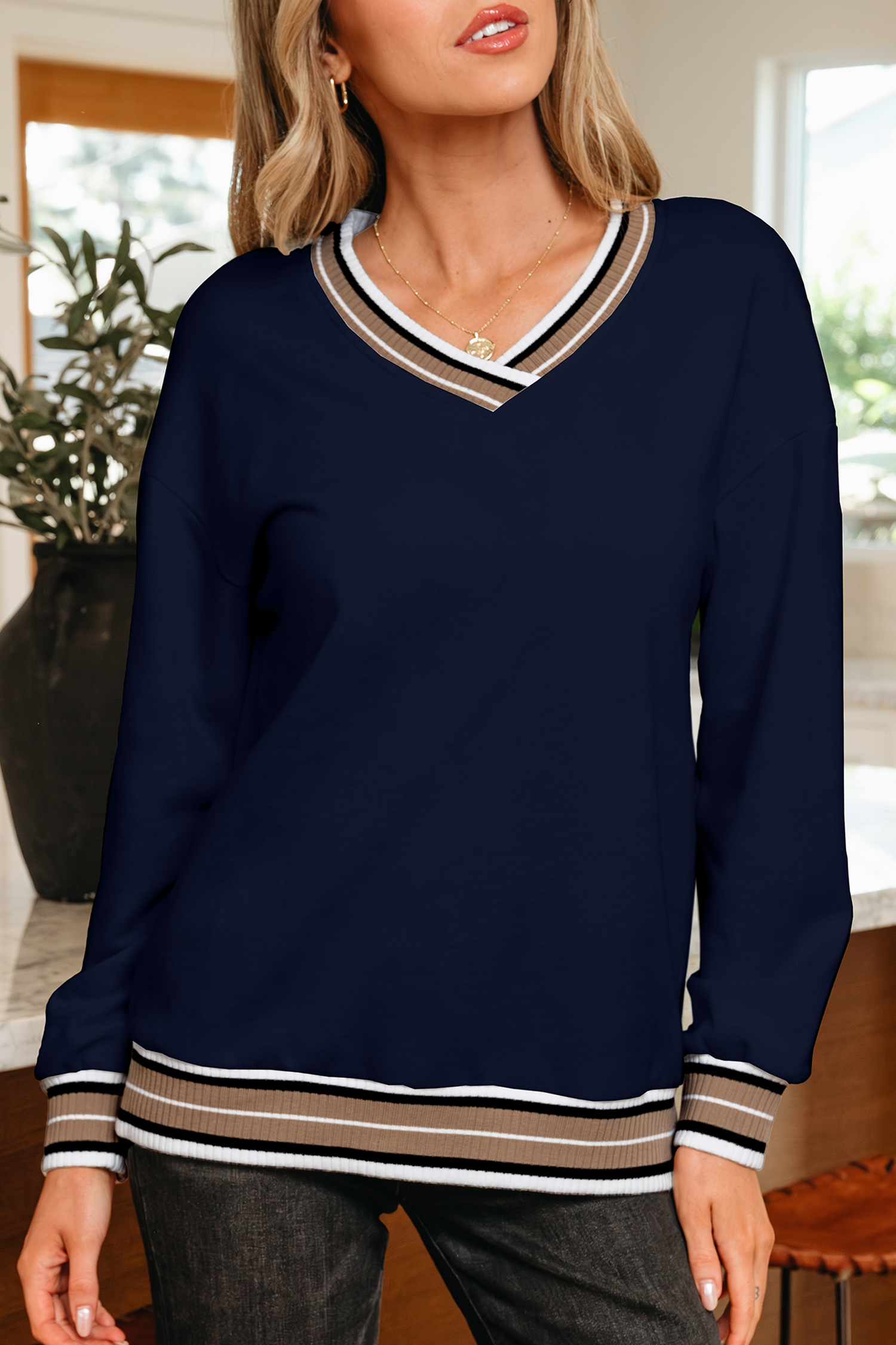 Gray Varsity Contrast Striped Trim V Neck Sweatshirt - loveforevers