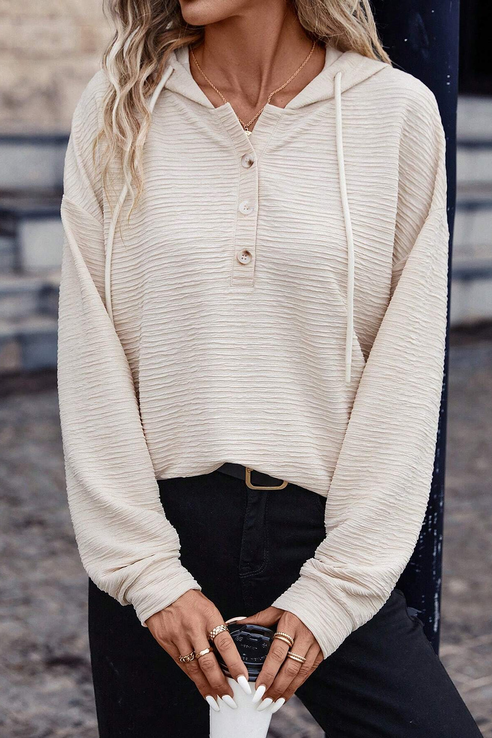 Apricot Solid Textured Drawstring Henley Hoodie - loveforevers
